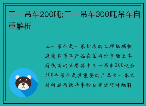 三一吊车200吨;三一吊车300吨吊车自重解析