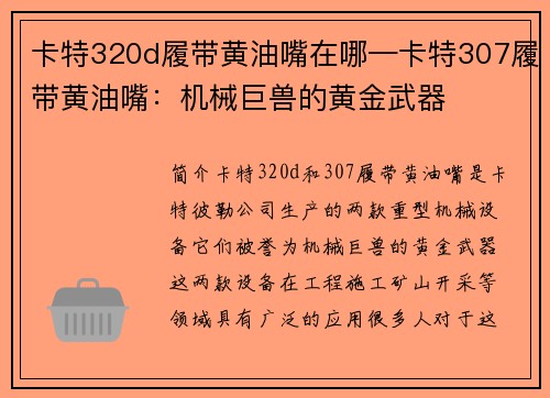 卡特320d履带黄油嘴在哪—卡特307履带黄油嘴：机械巨兽的黄金武器